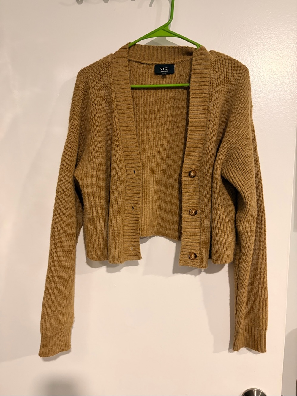VICI Cropped Ribbed Cardigan in Camel Brown